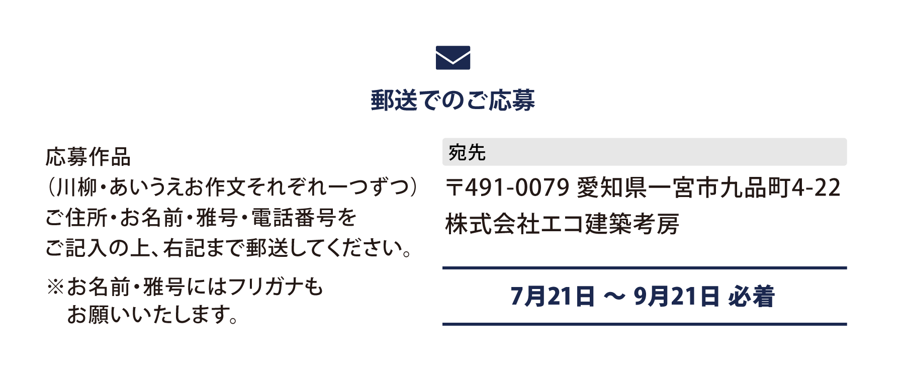 郵送でのご応募は 〒491-0079 愛知県一宮市九品町4-22 株式会社エコ建築考房 宛 ｜9月21日 必着
